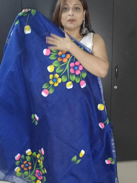 NAVY BLUE COTTON SILK HANDPRINTED SAREE