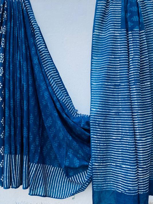 INDIGO BAGRU STRIP BORDER COTTON SAREE