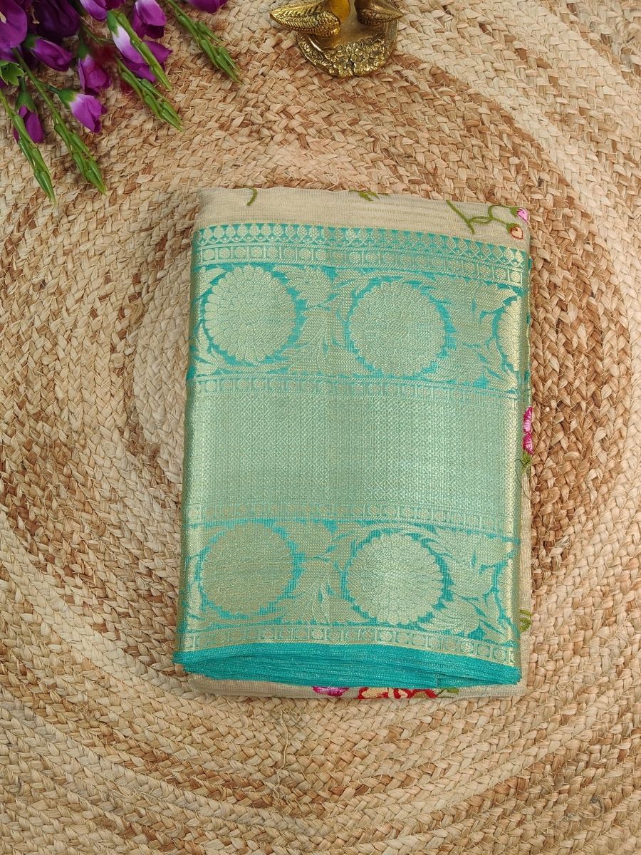 BEIGE KOTA SAREE WITH GREEN BORDER