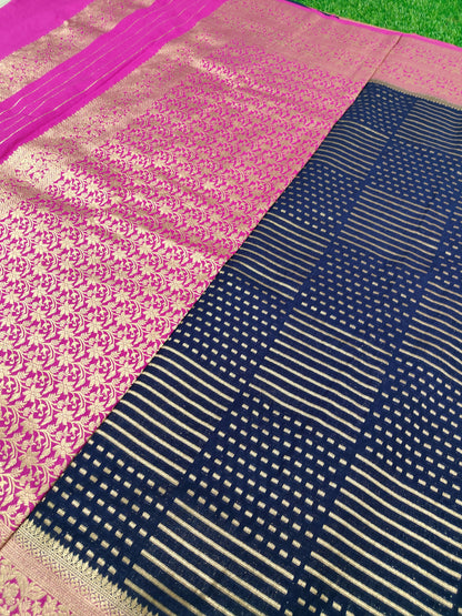 NAVY BLUE CRAPE SILK WITH KATAN BORDER