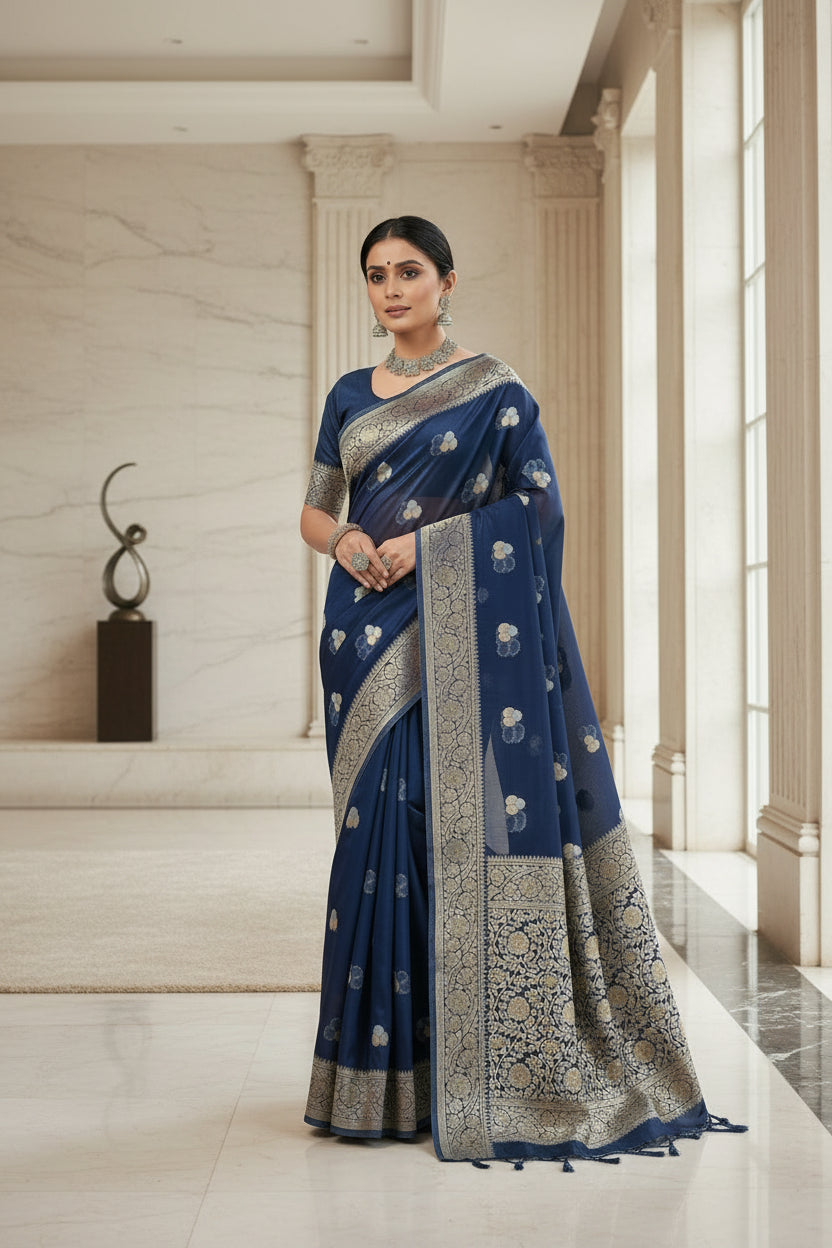 NAVY BLUE  KHADDI  GEORGETTE SAREE
