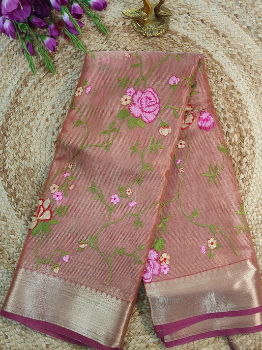 BROWN KOTA SAREE WITH FLORAL EMBROIDERY