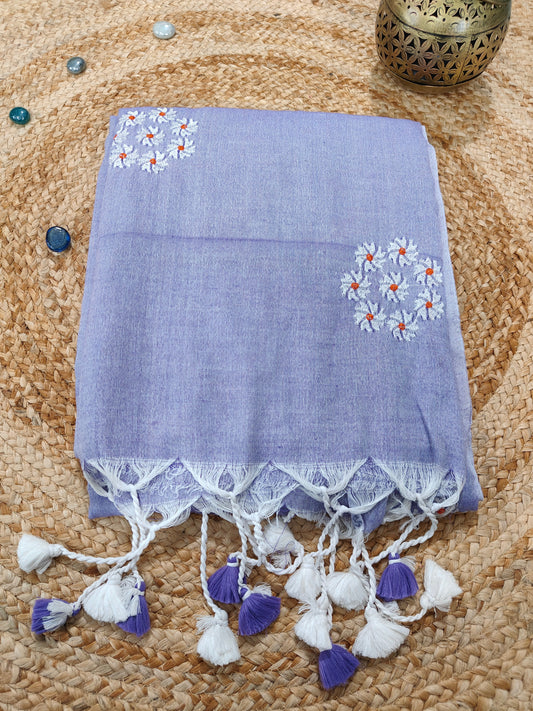 LIGHT BLUE KHADI COTTON SAREES WITH EMBRIODERY