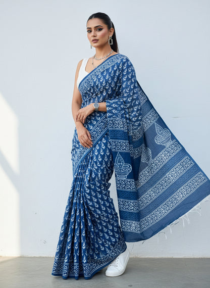 INDIGO BAGRU LEAF PRINT COTTON SAREE