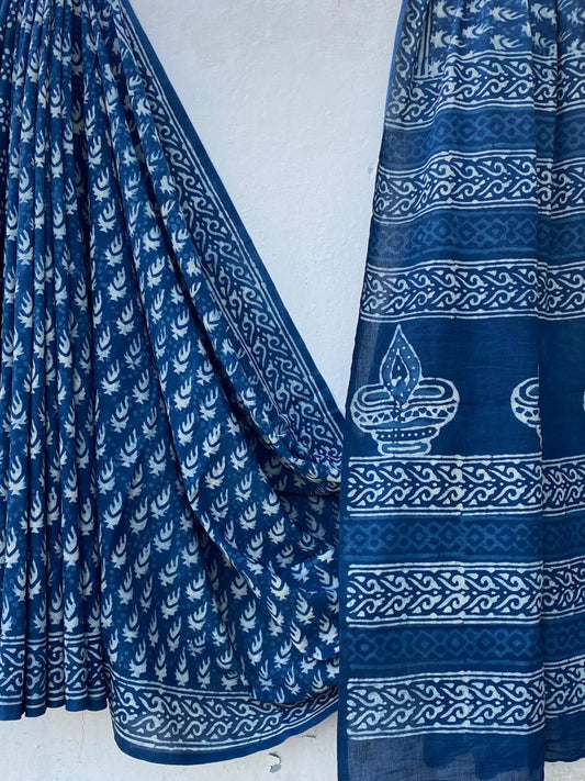 INDIGO BAGRU LEAF PRINT COTTON SAREE