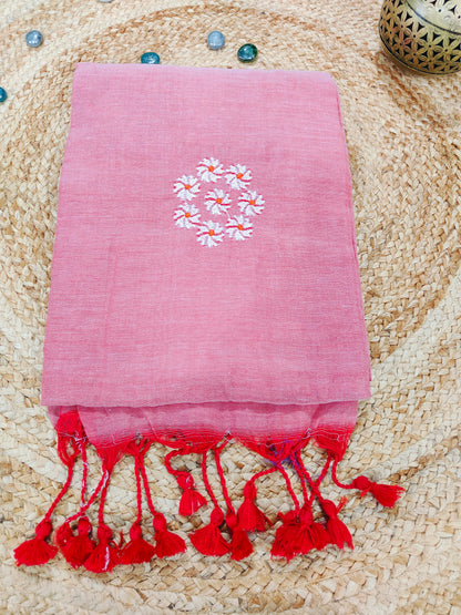 PARIJAT - PINK PURE COTTON SAREE WITH EMBRIODERY
