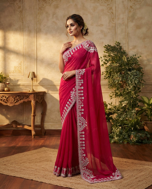 MAGENTA TISSUE PITA WORK SAREE