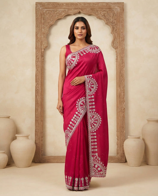 MAGENTA TISSUE PITA WORK SAREE