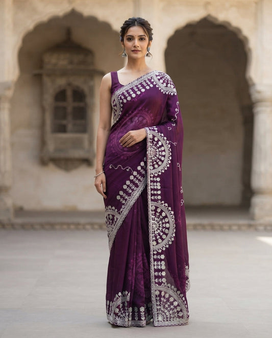 PURPLE TISSUE PITA WORK SAREE