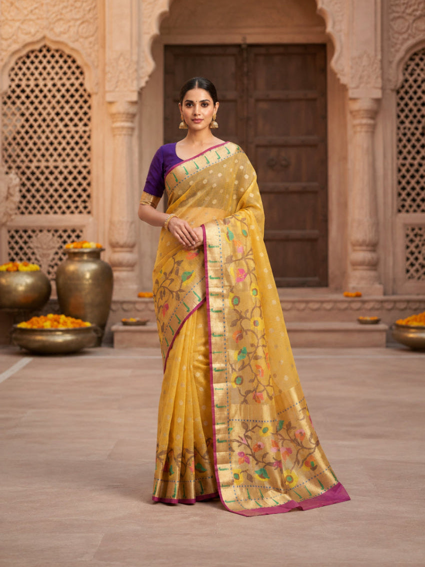 Yellow Kota cheque tissue saree with Paithani border – Tanturi