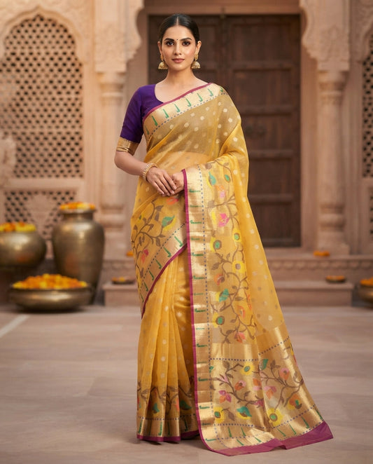 YELLOW PAITHANI KOTA CHEQUE SAREE