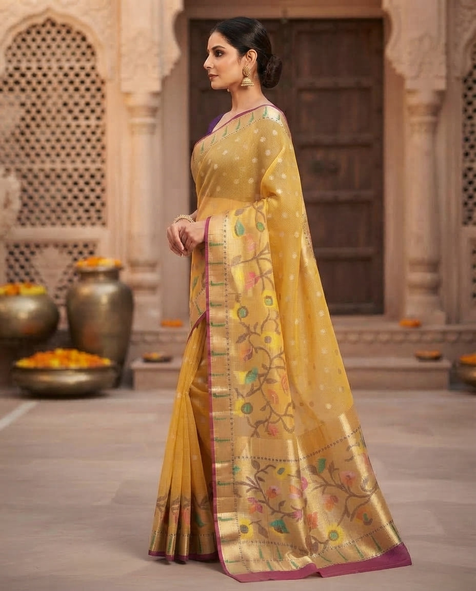 Paithani border on yellow Kota tissue saree