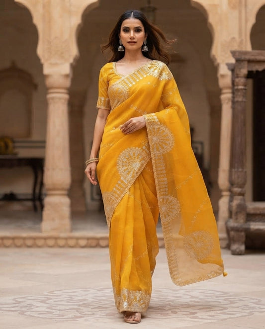 YELLOW TISSUE PITA WORK SAREE