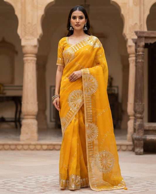 YELLOW TISSUE PITA WORK SAREE