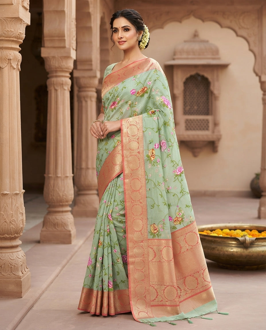 BEIGE KOTA SAREE WITH GREEN BORDER