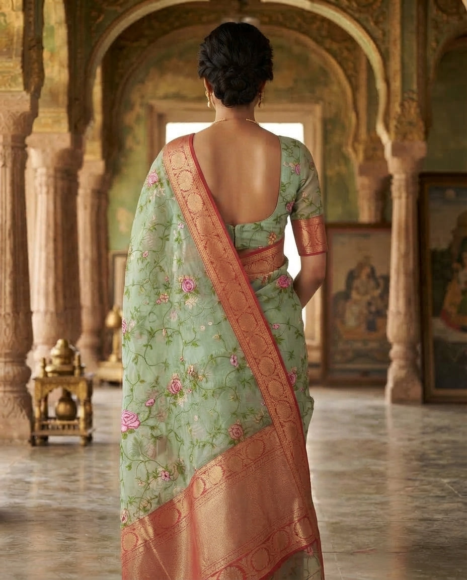 BEIGE KOTA SAREE WITH GREEN BORDER