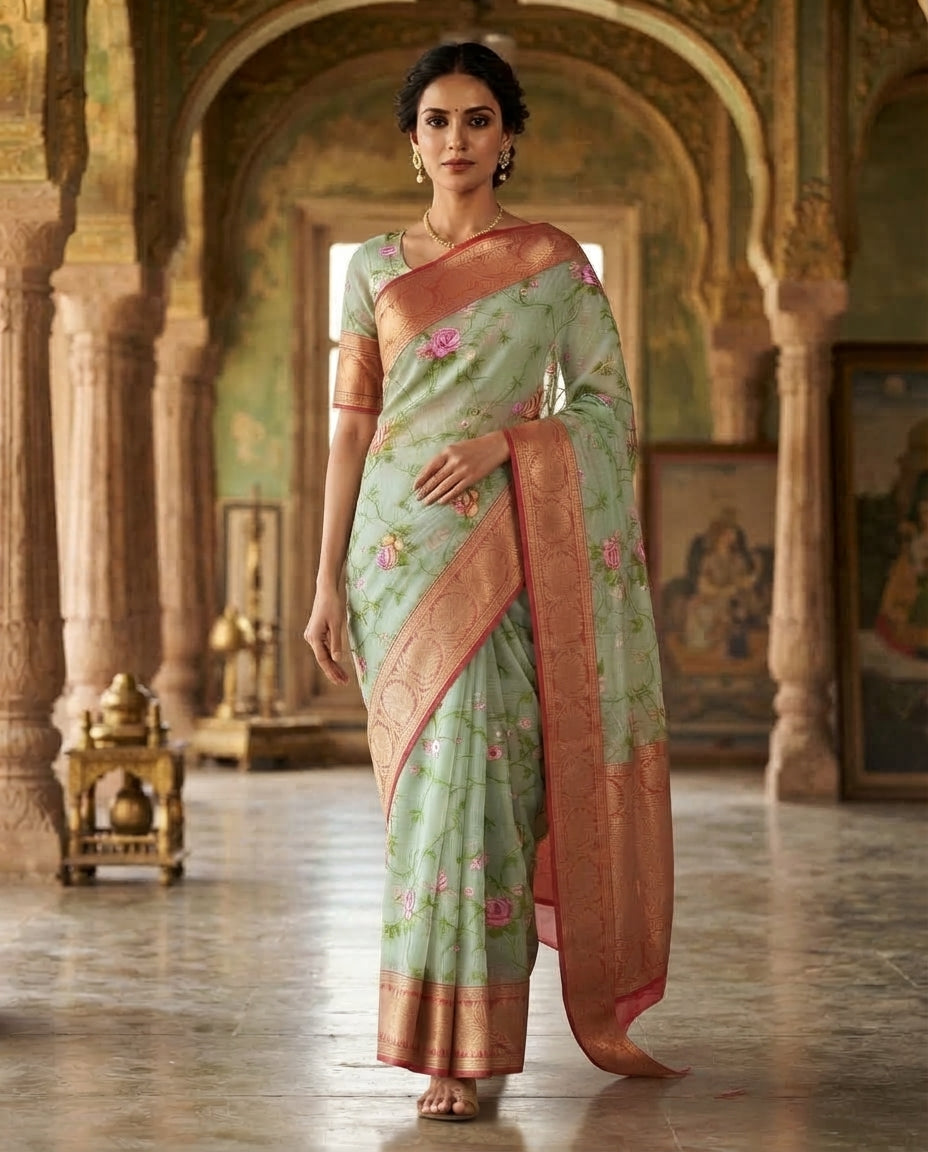 BEIGE KOTA SAREE WITH GREEN BORDER