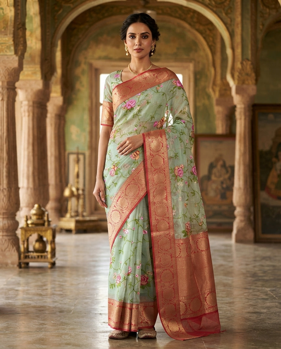 BEIGE KOTA SAREE WITH GREEN BORDER
