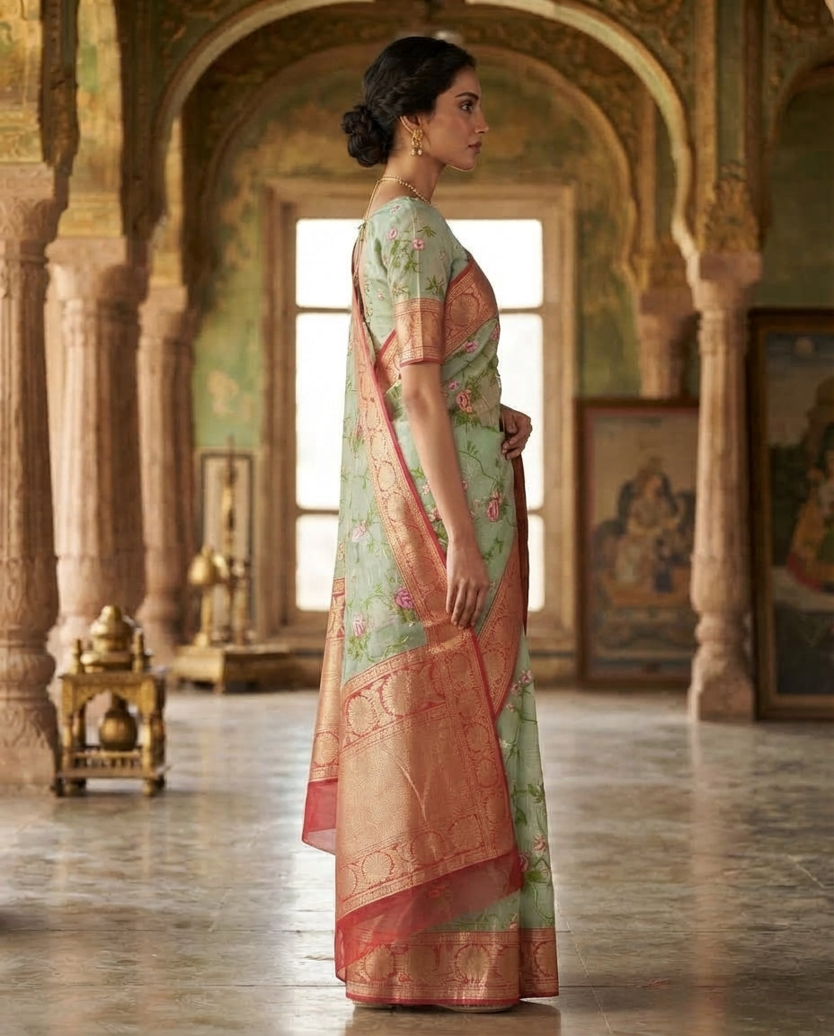 BEIGE KOTA SAREE WITH GREEN BORDER