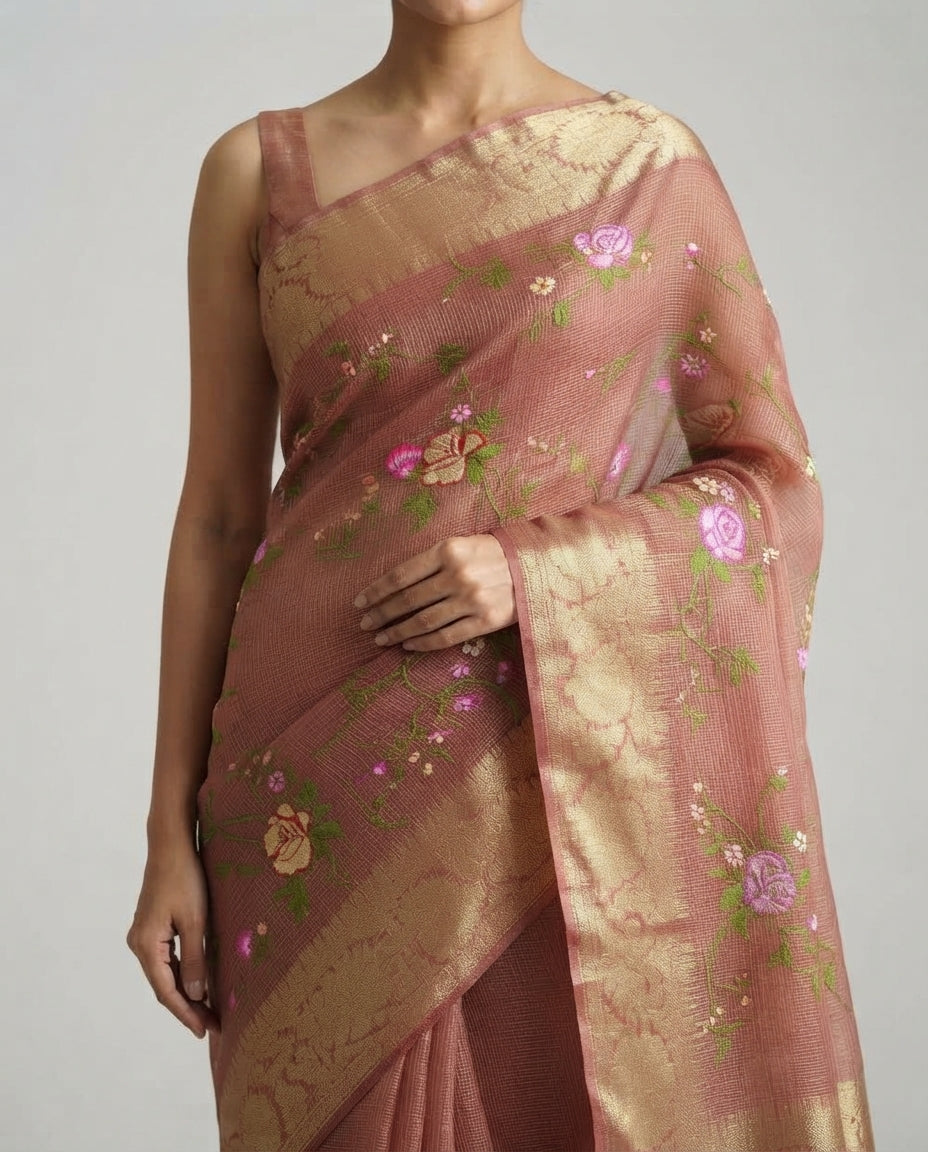 BROWN KOTA SAREE WITH FLORAL EMBROIDERY