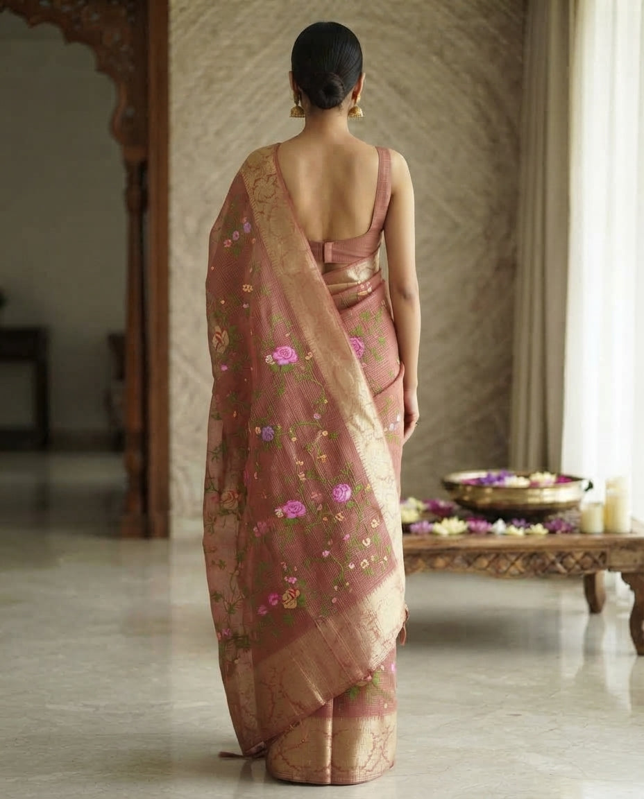 BROWN KOTA SAREE WITH FLORAL EMBROIDERY