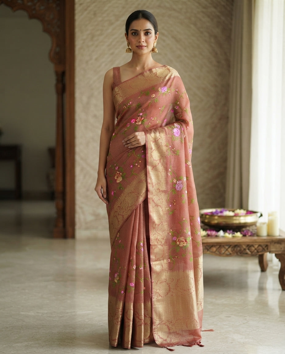 BROWN KOTA SAREE WITH FLORAL EMBROIDERY