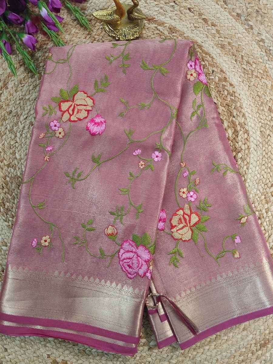 WINE KOTA SAREE WITH FLORAL EMBROIDERY