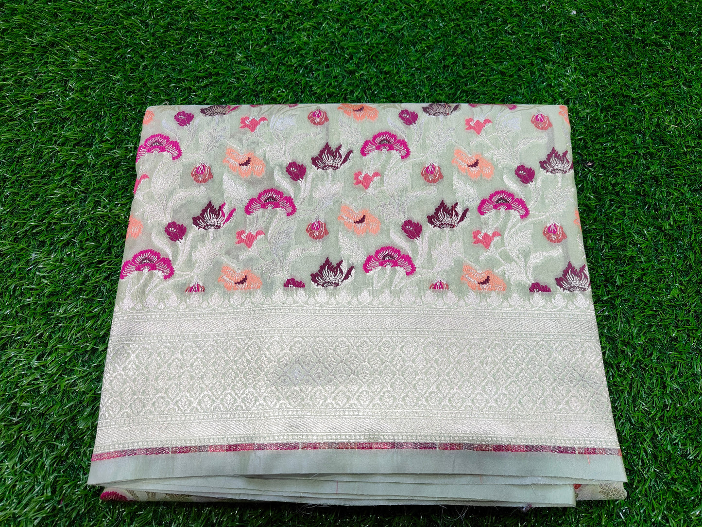 PISTA GREEN KATAN SILK MEENA ZARI