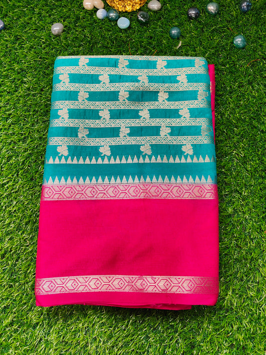 TURQUOISE BLUE  GADHWAL BORDER GAJI SILK SAREE