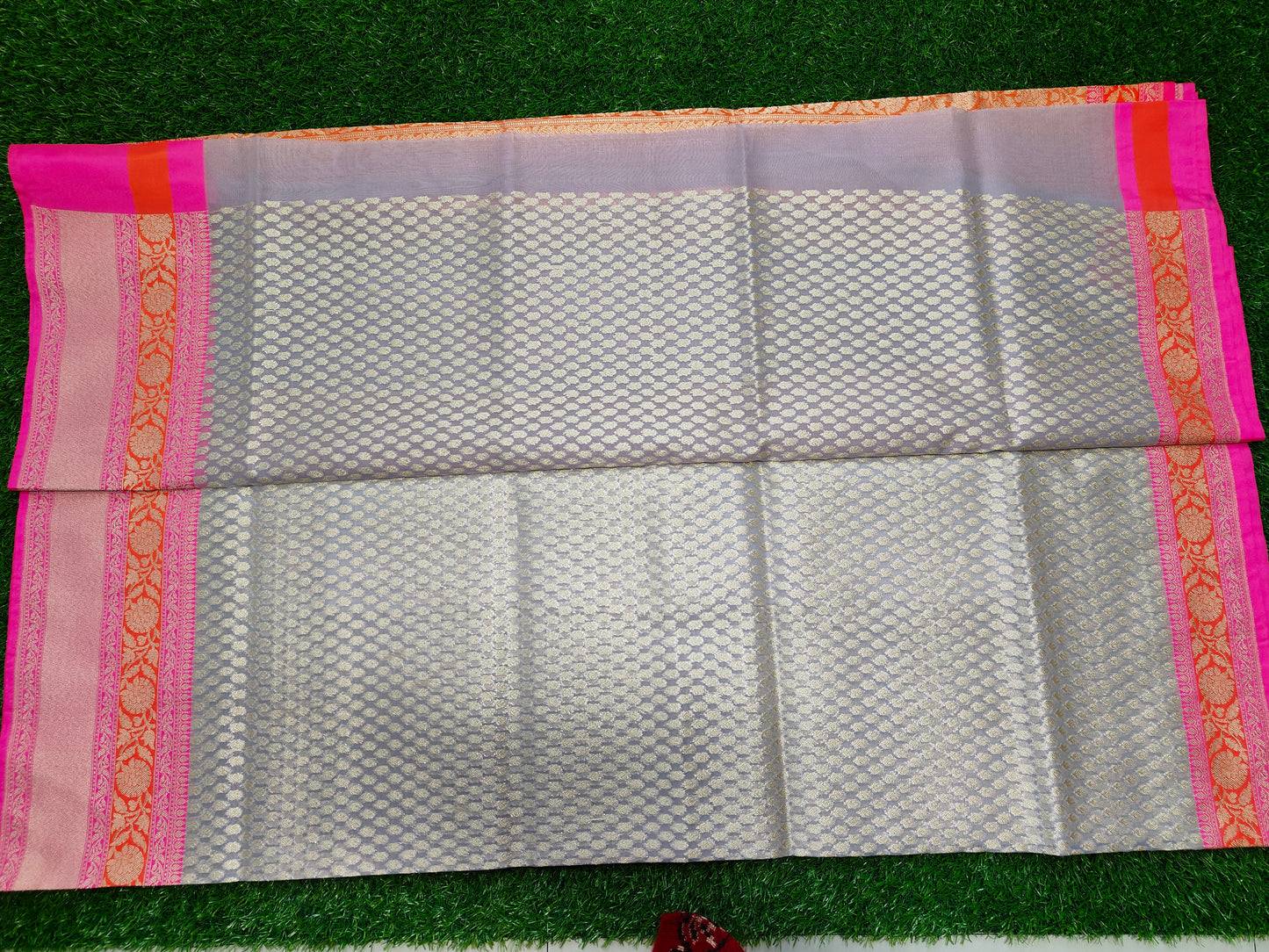 GREY ORGANZA SILK ORNAGE BORDER