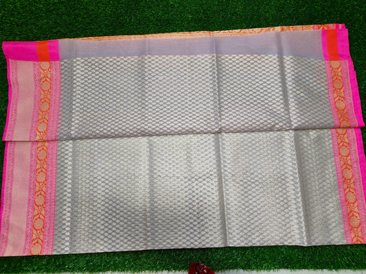 GREY ORGANZA SILK ORNAGE BORDER