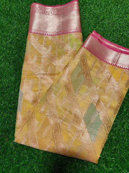 YELLOW RANGKAT KORA ORGANZA SAREE
