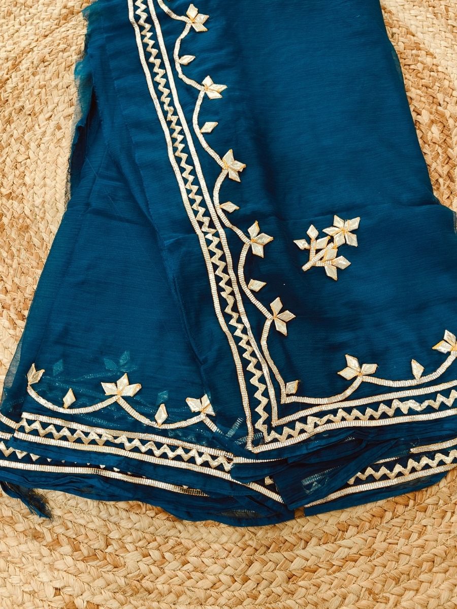 NAVY BLUE CHIFFON KACHA GOTA SAREE