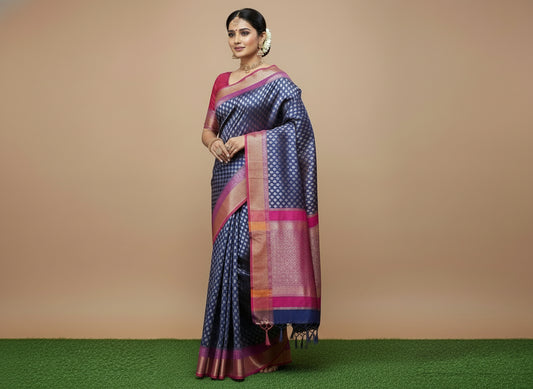 NAVY BLUE COPPER ZARI SILK SAREE