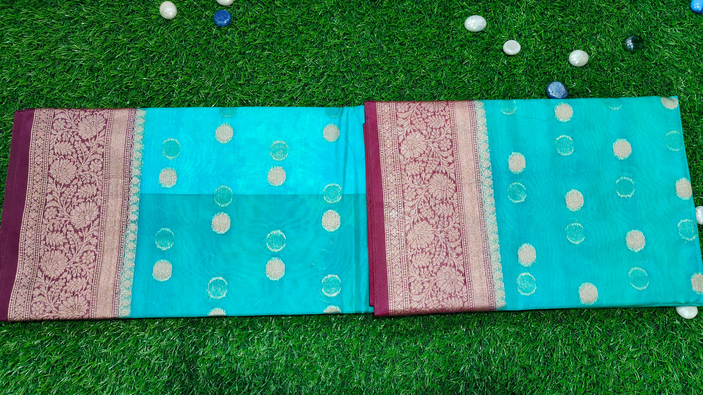 SEA GREEN  SEMI KORA ORGANZA SILVER ZARI BUTTA