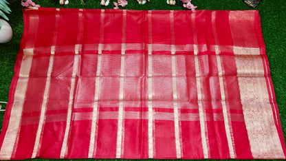 RED SEMI KORA ORGANZA SAREE WITH ZARI STRIPES