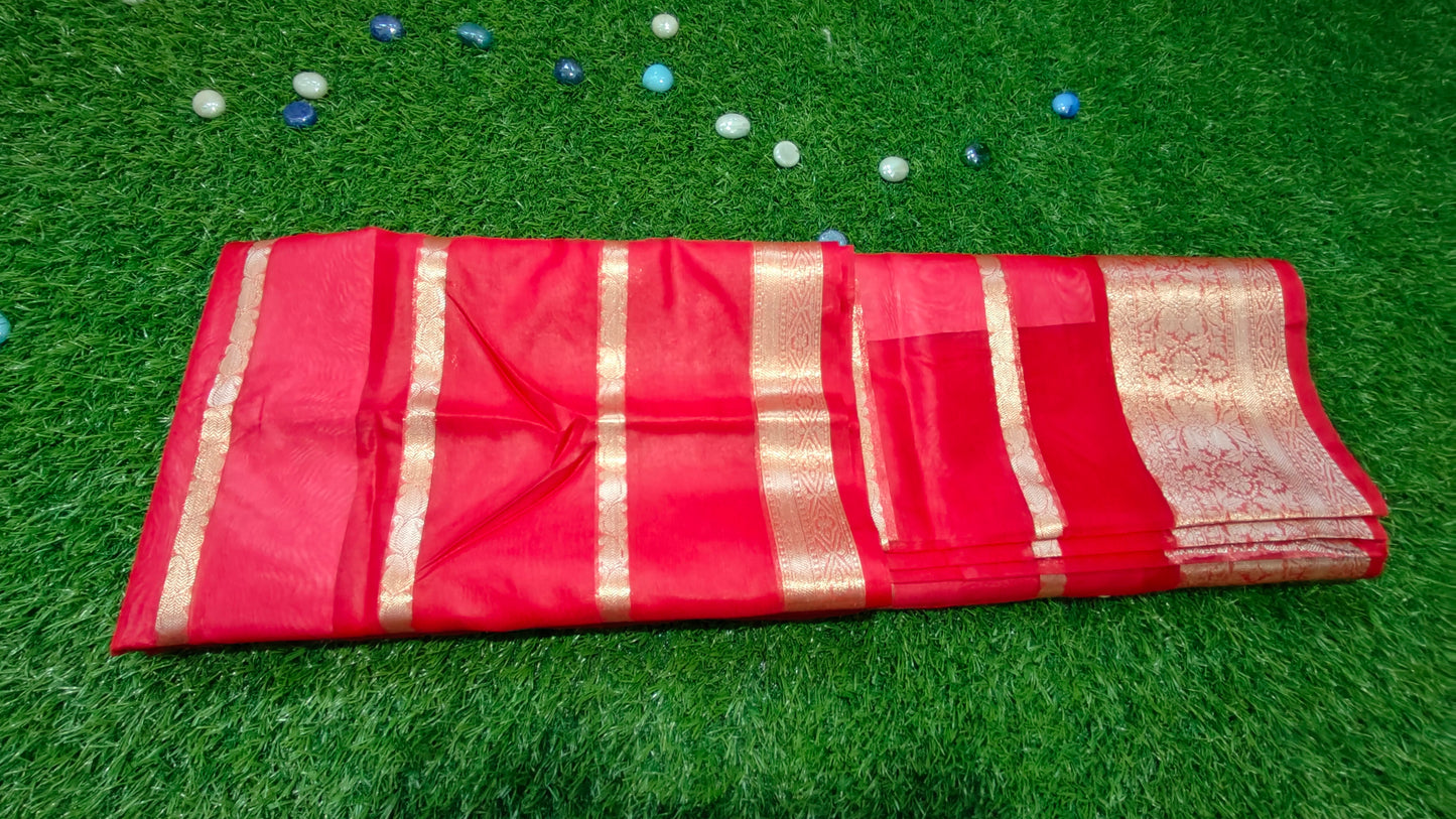 RED SEMI KORA ORGANZA SAREE WITH ZARI STRIPES