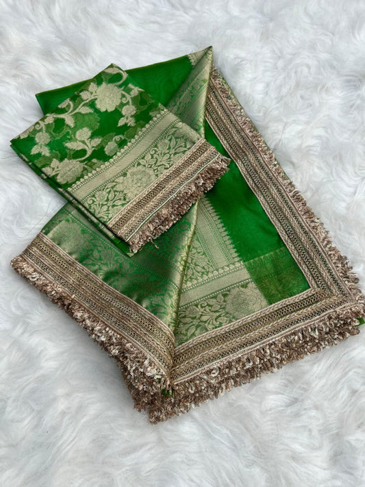 GREEN TISSUE KATHBAN SAREE WITH LACE BORDER