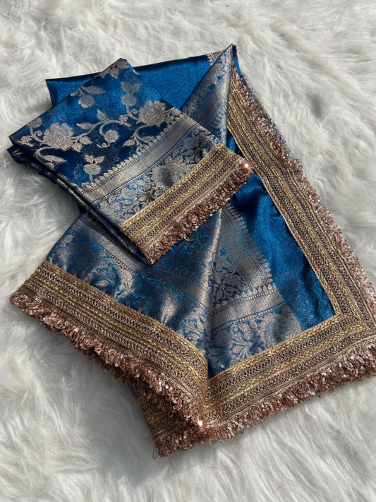 NAVY BLUE TISSUE KATHBAN SAREE WITH LACE BORDER