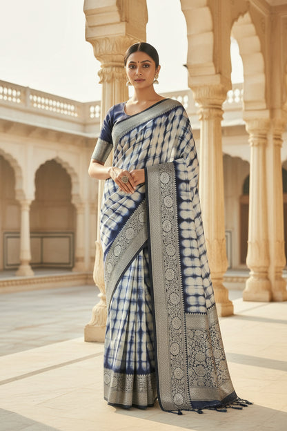 WHITE - BLUE TIE DYED SAREE
