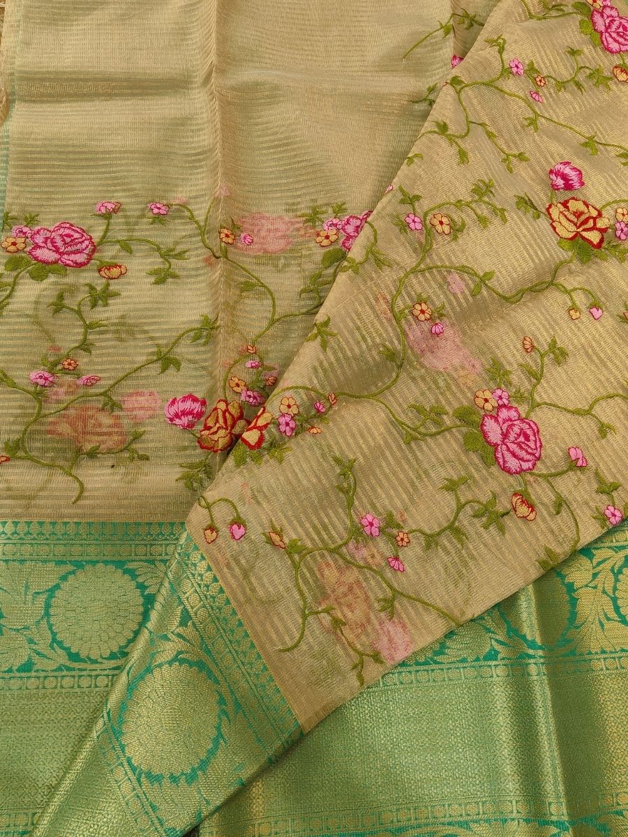 BEIGE KOTA SAREE WITH GREEN BORDER