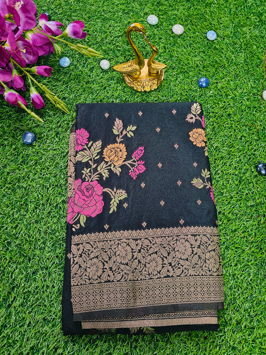 BLACK CHINON SILK SAREE WITH ZARI FLOWER BUTTA