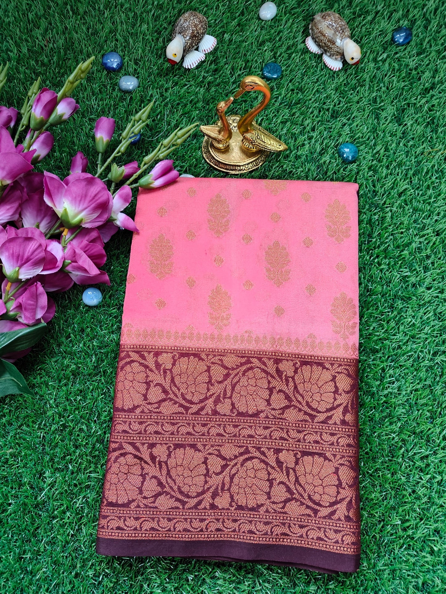 PEACH PINK SEMI GEORGEETE COPPER ZARI SAREE
