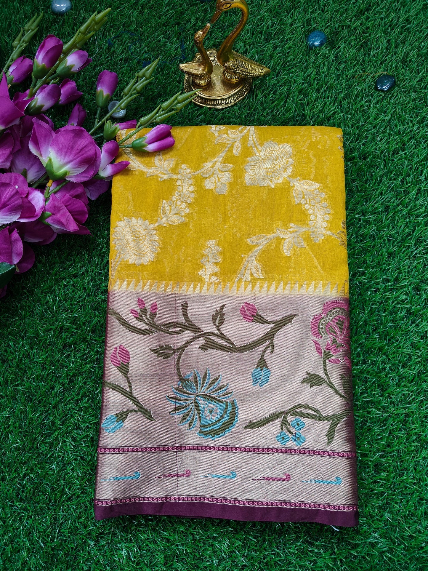 YELLOW SEMI GEORGETTE PAITHANI BORDER SAREE