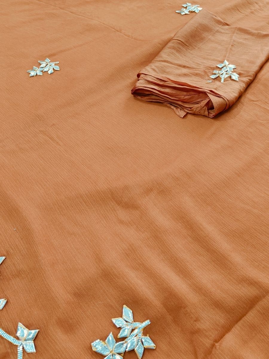 ORANGE BLUE CHIFFON KACHA GOTA SAREE