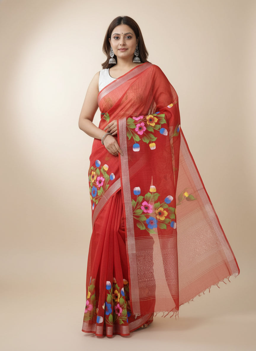 RED COTTON SILK HANDPRINTED SAREE