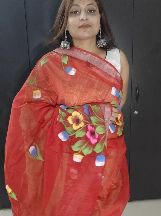 RED COTTON SILK HANDPRINTED SAREE