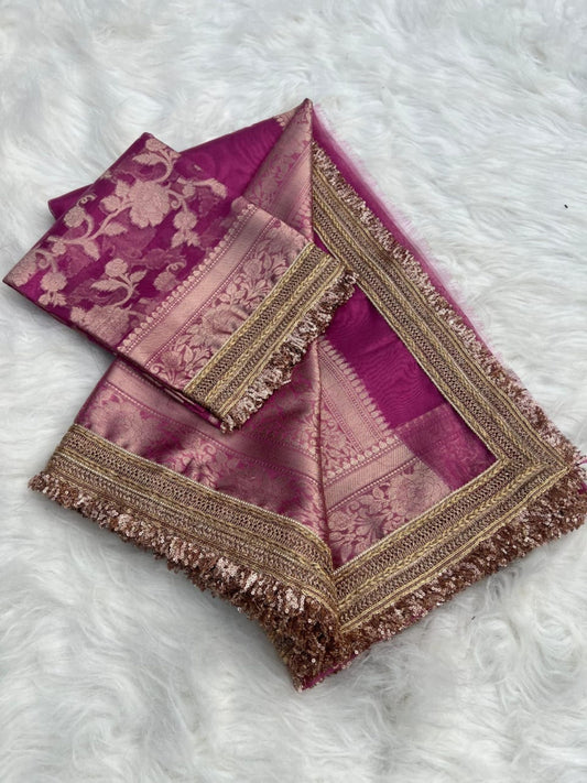LILAC TISSUE KATHBAN SAREE WITH LACE BORDER