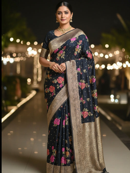 BLACK CHINON SILK SAREE WITH ZARI FLOWER BUTTA
