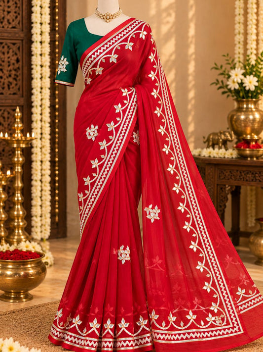 RED CHIFFON KACHA GOTA SAREE